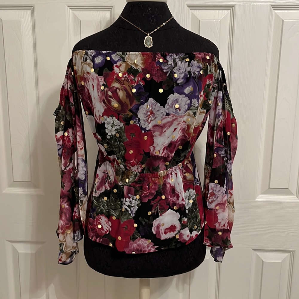 EXPRESS Off-the-Shoulder Floral Top with Gold Metallic Polka Dots-SZ Lg